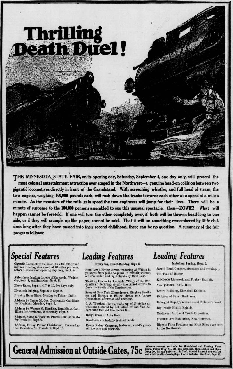 A print advert for the 1920 Minnesota State Fair, headlined by an illustration of a train crash titled "Thrilling Death Duel"