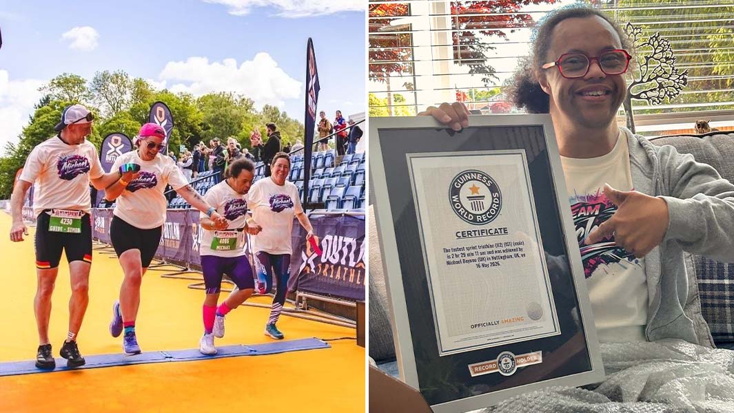 split image of Michael running with others and holding his GWR certificate