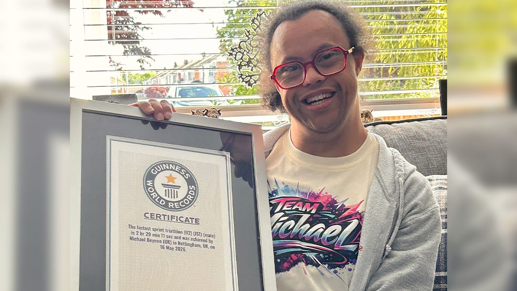 split image of Michael running with others and holding his GWR certificate