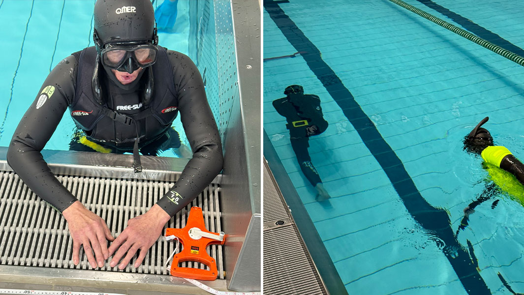 split image of Stanislaw catching his breath and walking underwater