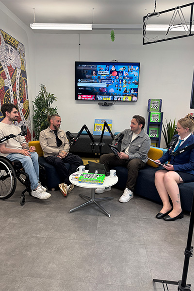 Conner and Owen sitting with GWR's Will Munford and Adjudicator Emma Salt