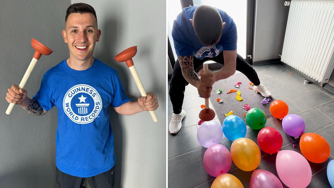 split image of Andre holding up two plungers and using one to pop balloons