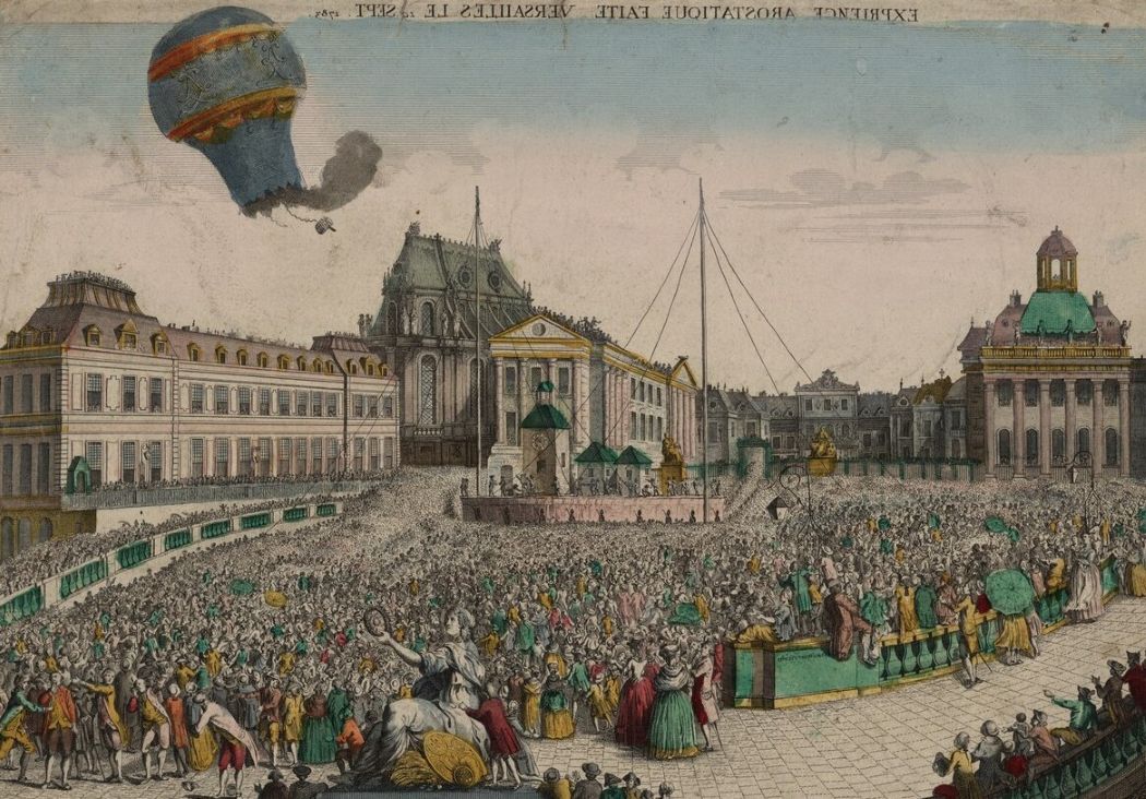 An illustration showing the first hot-air balloon to carry living creatures.
