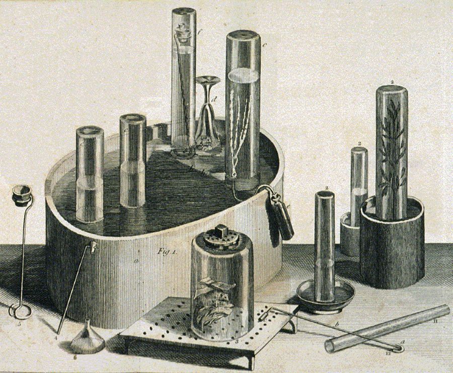 An engraving showing 18th century scientific equipment