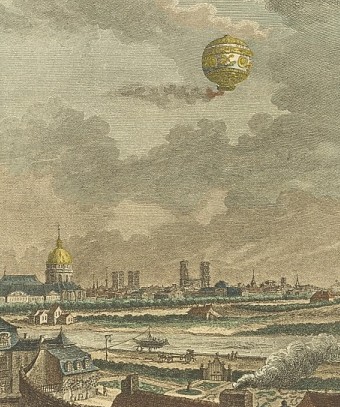 The first crewed hot-air balloon flying over 18th century Paris