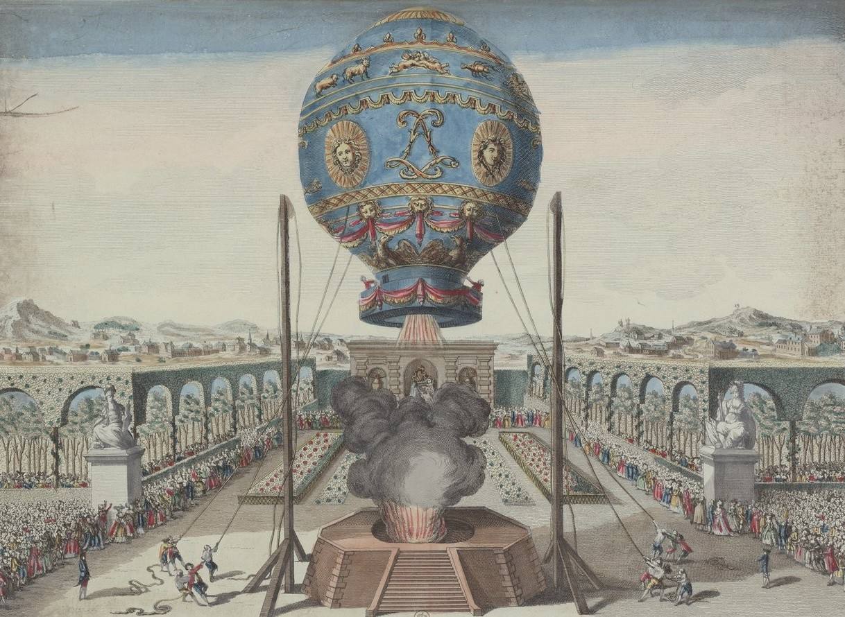 The first full-size Montgolfier balloon being tested with tether ropes in Paris