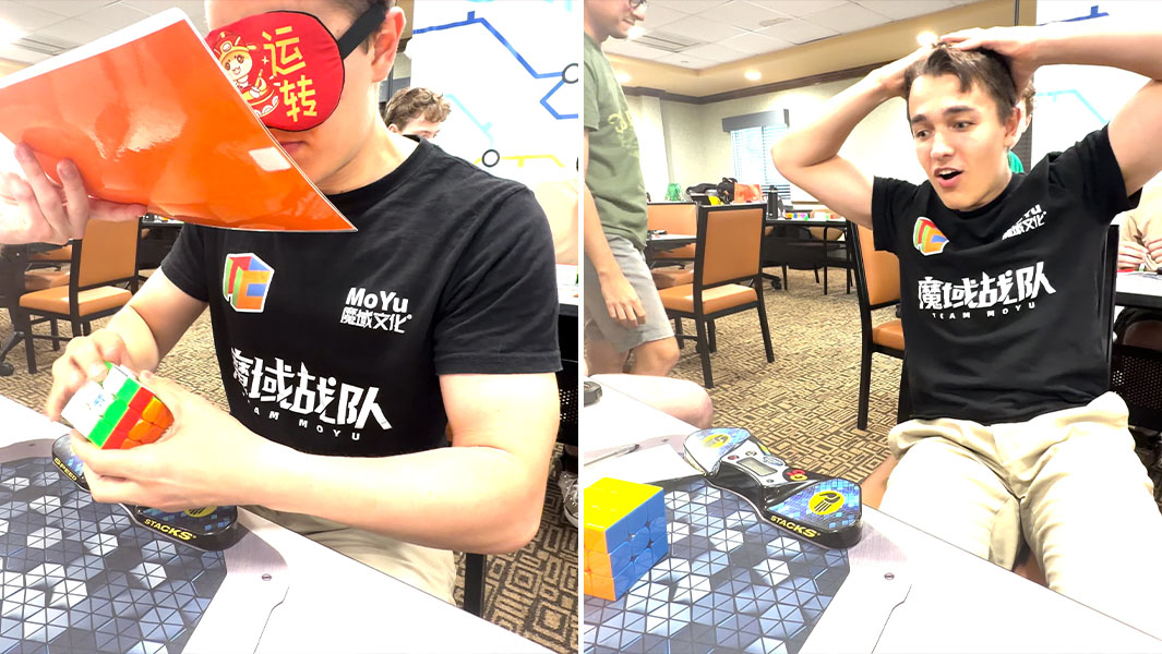 split image of Tommy solving a cube blindfolded and celebrating