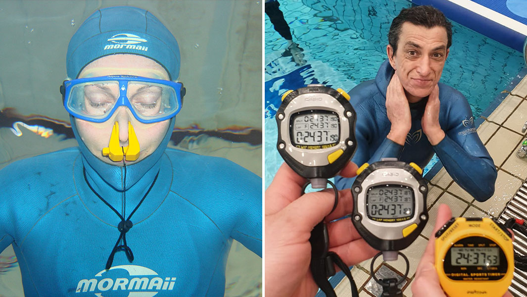 split header of a woman underwater holding her breath and a man above water with stopwatches held up in front of him