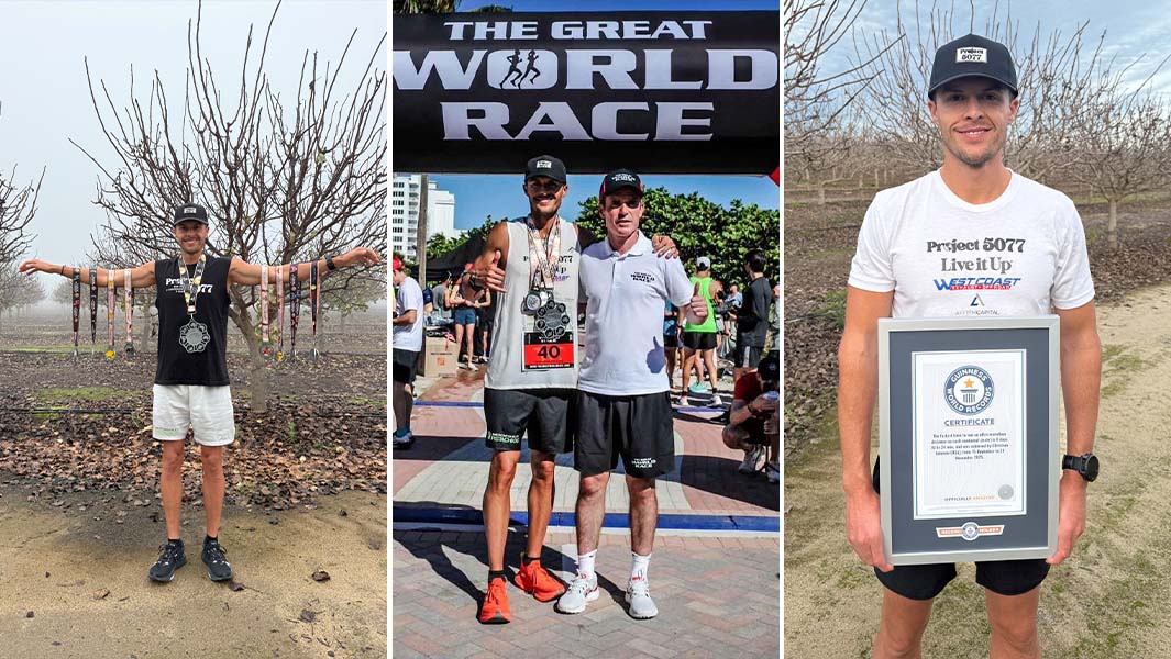 Three way split header image of Christian at the race, with his medals, and with his GWR Certificate