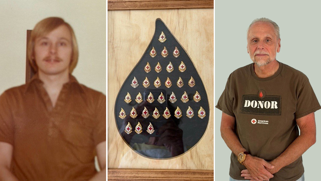 Split image of Dan when he was younger, his Red Cross milestone pins in a frame and a recent picture of him