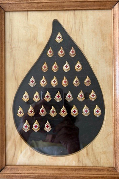 Dan's milestone pins in a wooden frame shaped like a blood droplet