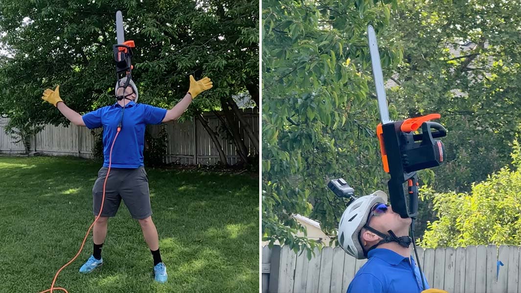 split image of David Rush balancing a running chainsaw on his chin