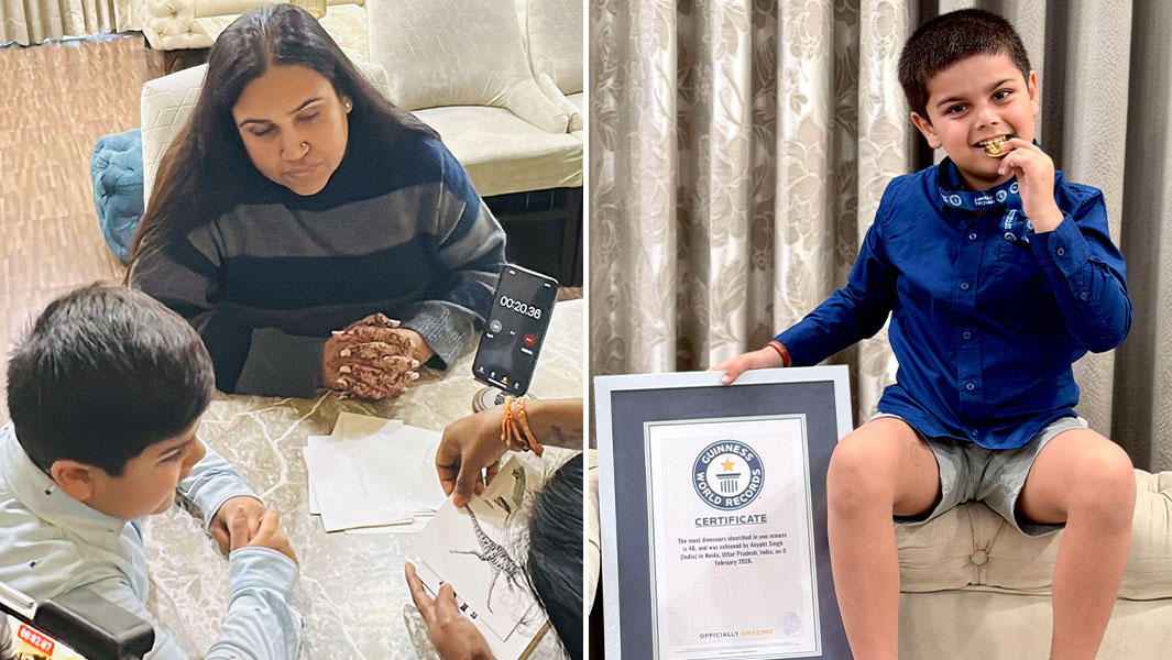 split image of Avyukt identifying dinosaurs and posing with his GWR certificate and medal