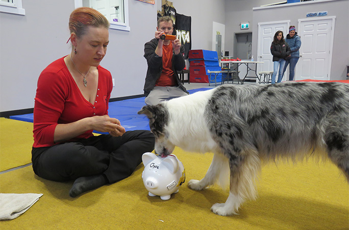 Jennifer with her dog Daiquiri, who previously held the record for most coins deposited into a piggy bank by a dog in one minute