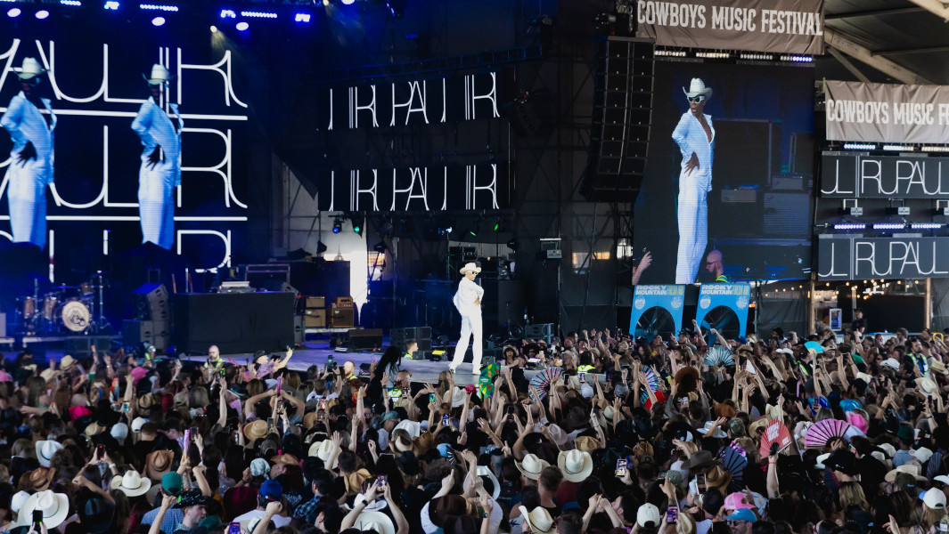 RuPaul performing onstage, and a photo of the massive crowd watching the show