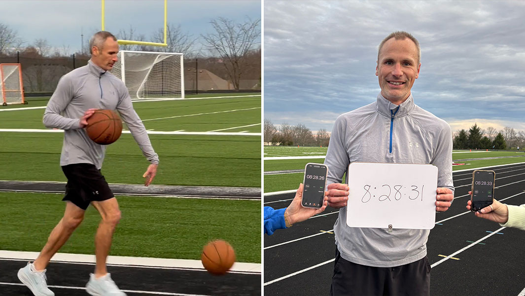 split image of Michael running driblling two basketballs and holding up his time