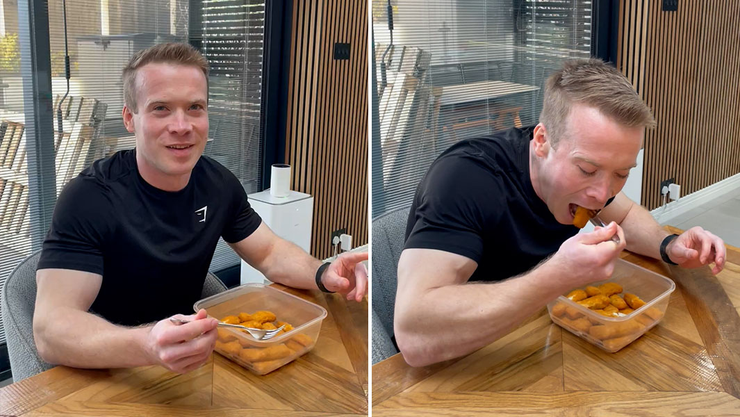 split image of Nathan with a bowl full of fish fingers and eating them