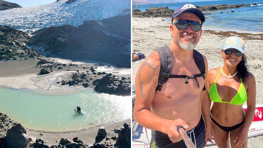 split image of couple doing the highest altitude paddleboard and posing together