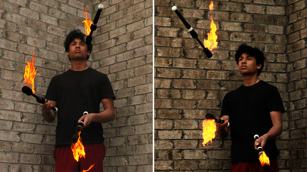 split image of Arnav juggling three flaming torches