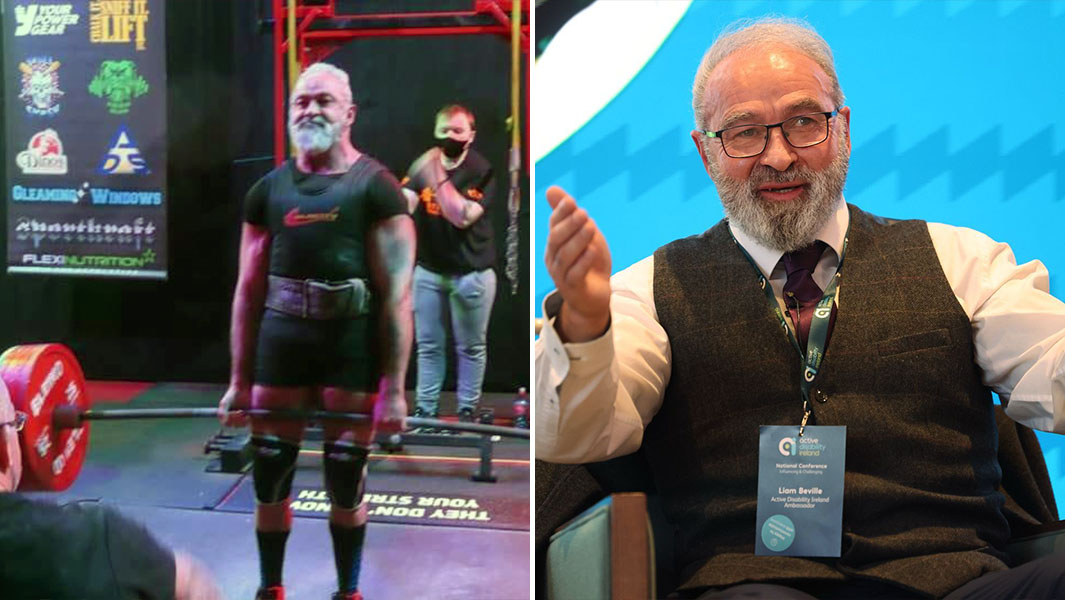 split image of Liam Beville doing his deadlift and on stage giving a talk