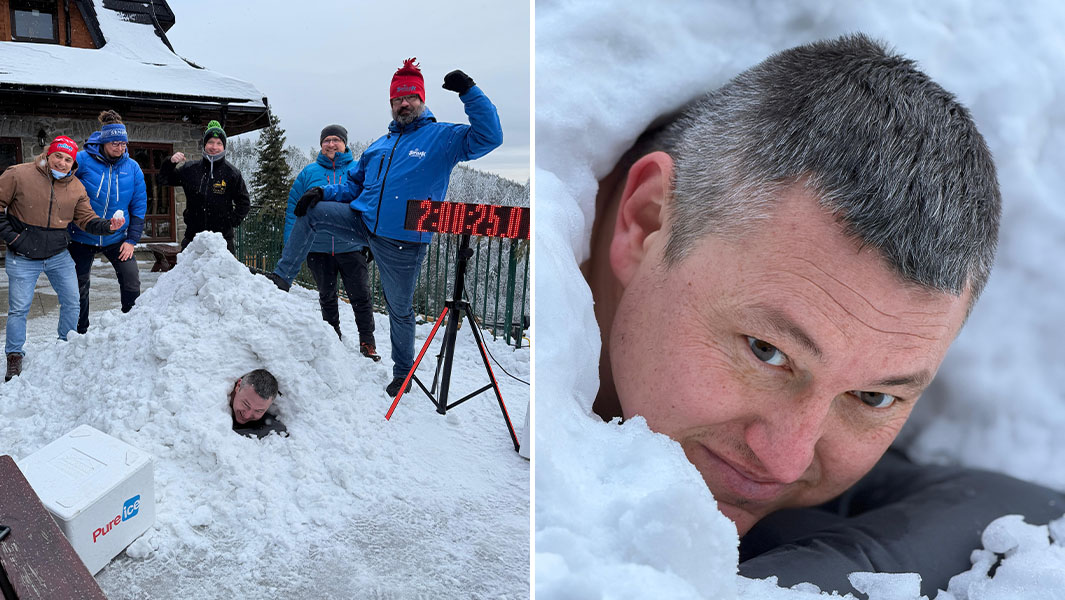 split image of Damian immersed in snow with a crowd round him and a close up of his head sticking out