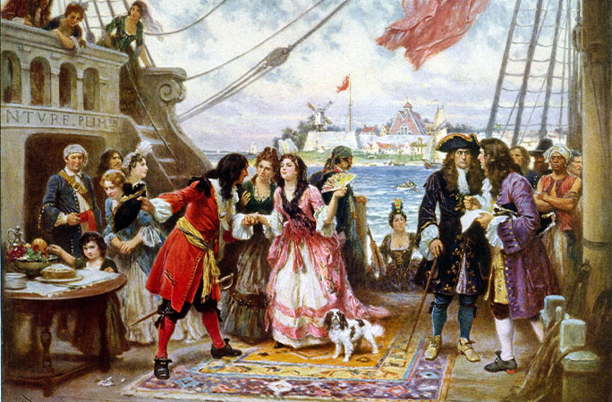 Captain William Kidd welcoming a woman on board his ship in New York Harbor