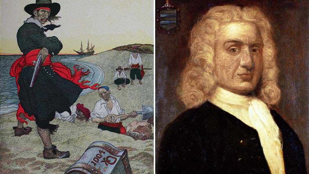 split image of Captain William Kidd burying treasure and in a portrait