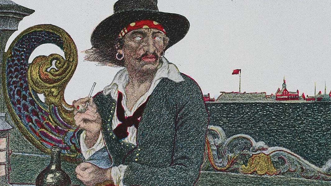 split image of Captain William Kidd burying treasure and in a portrait