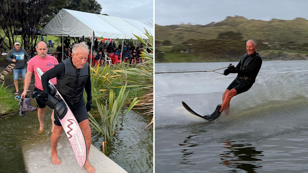 split image of Bryan heading to the water and waterskiing