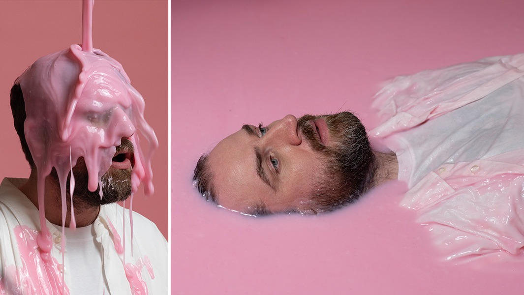 Split image of Pictish Trail having pink slime poured over his head and Pictish Trail lying in a slime bath with the back of his head and his body immersed