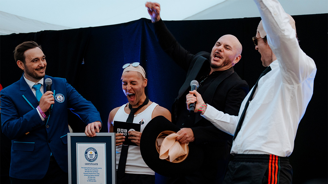 Split image of a Guinness World Records adjudicator standing with Pibull, Greg James and Jack Remmington, alongside a picture of just the adjudicator with Greg and Jack holding Guinness World Records certificates