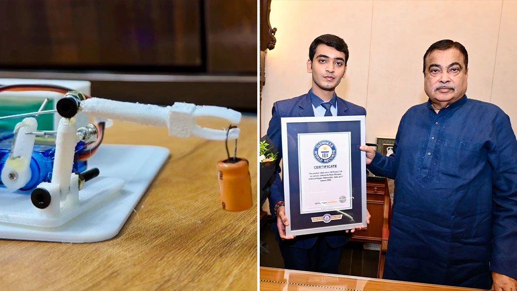 split image of the robot arm and inventor posing with his GWR certificate and a politician