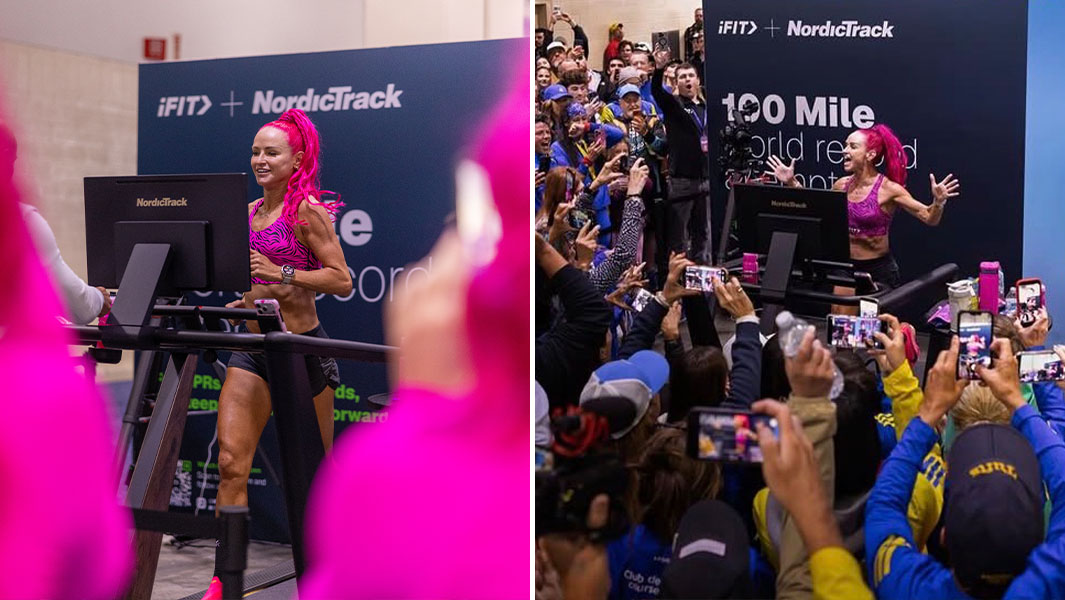 split image of Ashley running on a treadmill while a crowd of people cheer her on and take pictures of her