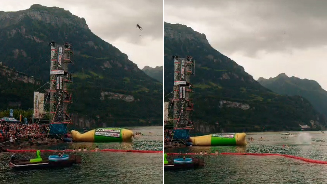split image of the airbag jumper in the sky and splashing down into the water
