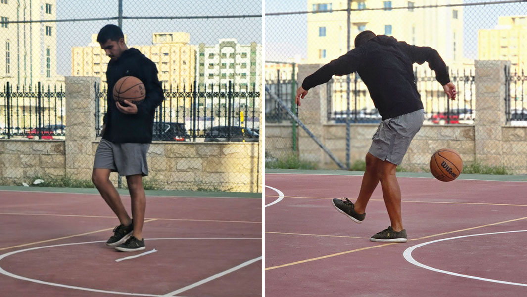 split image of Hamed holding a basketball and kicking one