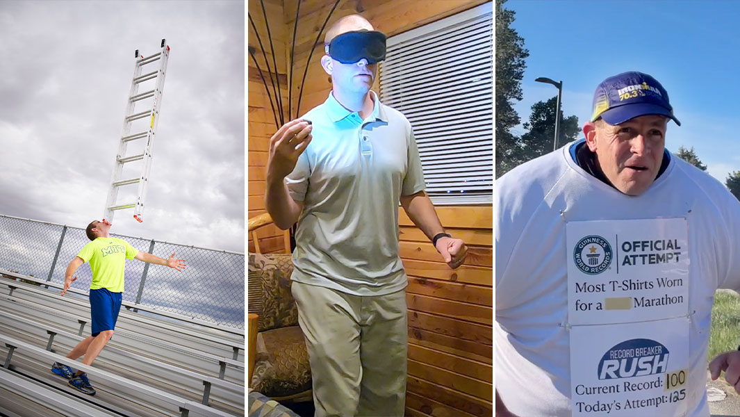 three-way split image of David Rush attempting different records