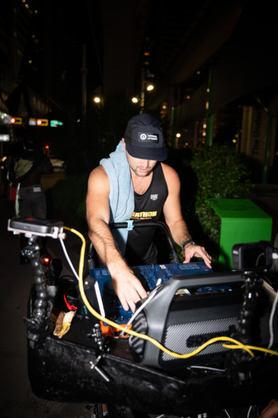 Eddy mid-run DJ-ing on his kit
