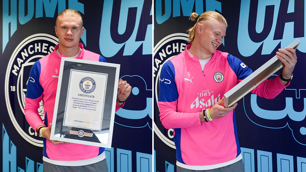 split image of Erling Haaland posing with a certificate and looking at one