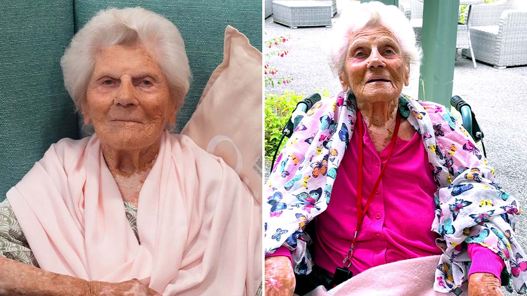 two images of oldest person Ethel sitting smiling