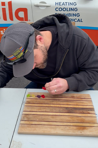 Matthew eating gummy bears