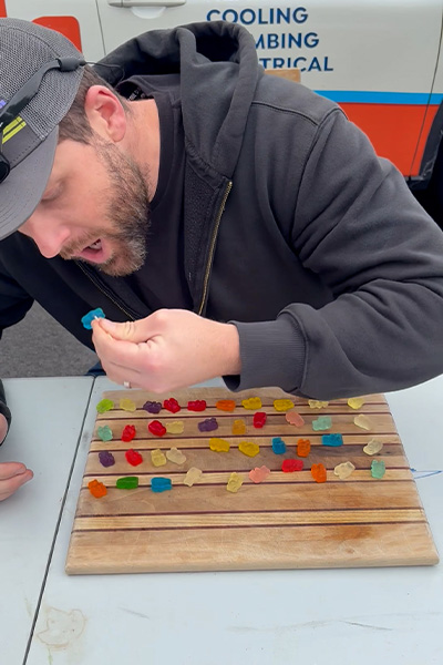 Matthew eating gummy bears