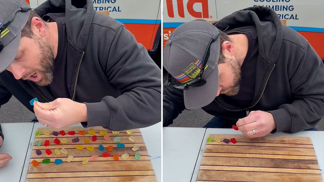 split image of man eating gummy bears with a cocktail stick