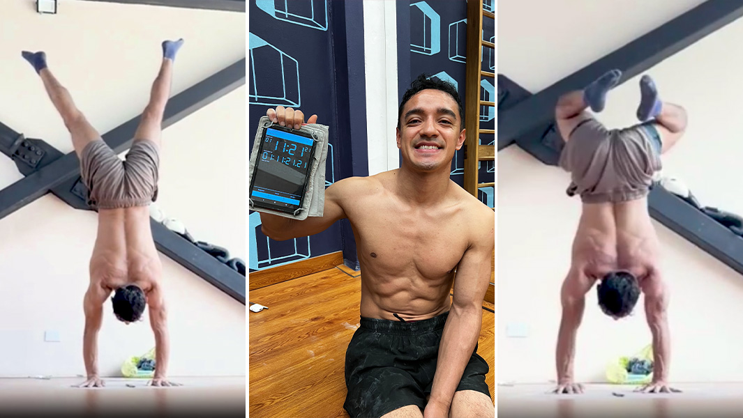 Three way split image with two photos of Santiago balancing on his hands and one of him smiling after the attempt
