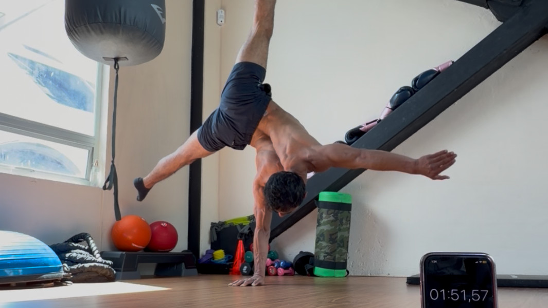Three way split image with two photos of Santiago balancing on his hands and one of him smiling after the attempt