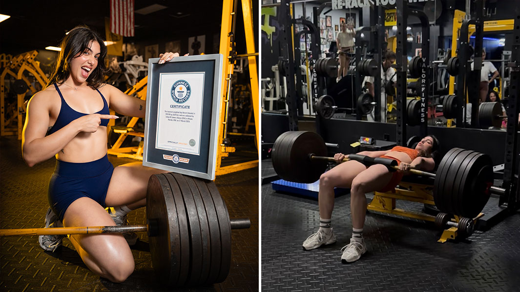 Split image of Lilian holding her GWR title, and Lilian lifting the weight