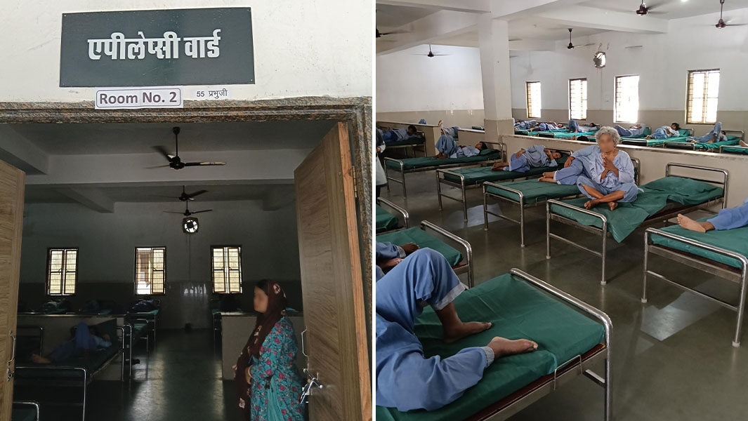 split image of women on beds at the shelter and a doorway