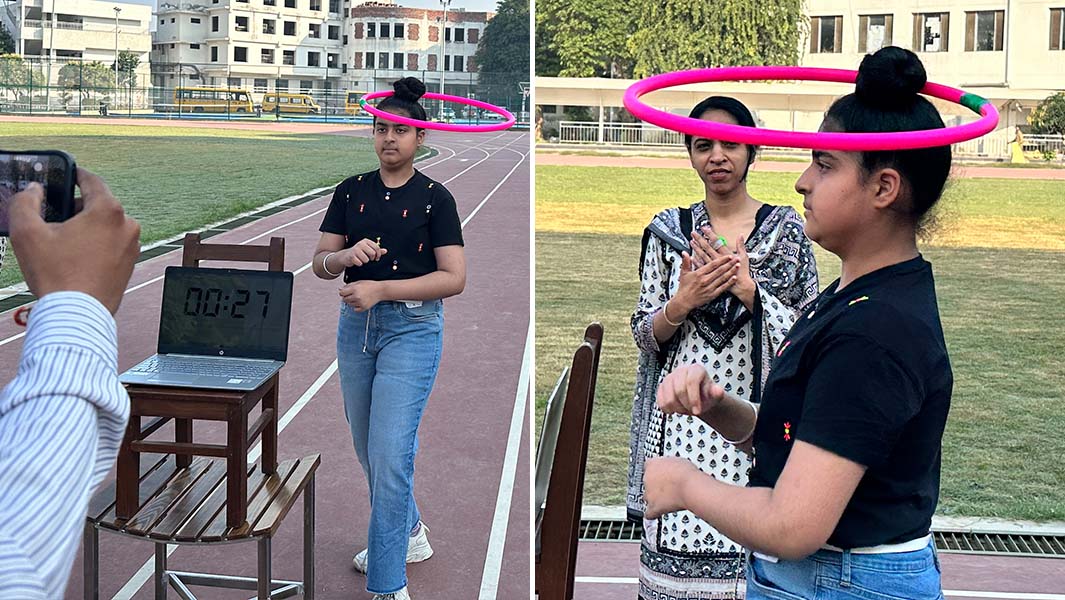 split image of Praneet hula hooping around her hair bun