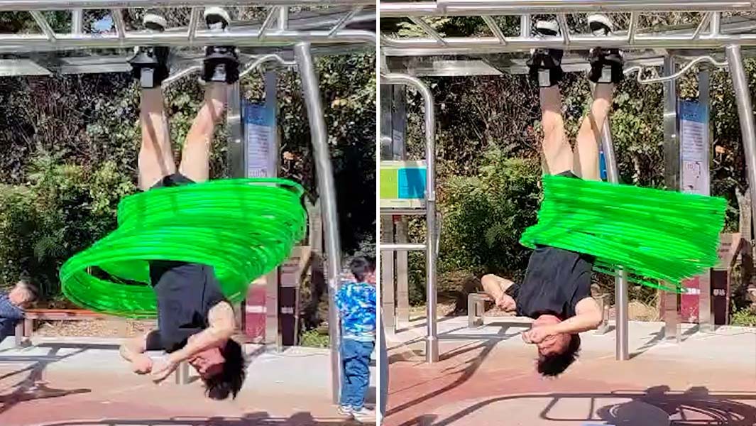 split image of Yan hula hooping while hanging upside down