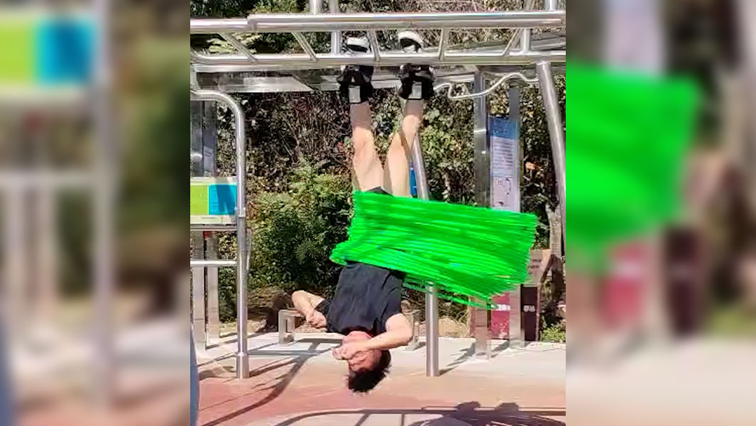 split image of Yan hula hooping while hanging upside down