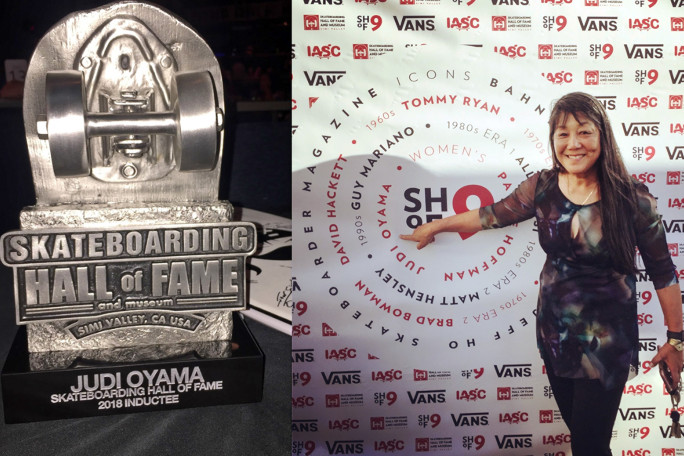 Judi at the Skateboarding Hall of Fame induction ceremony, and her SOF award